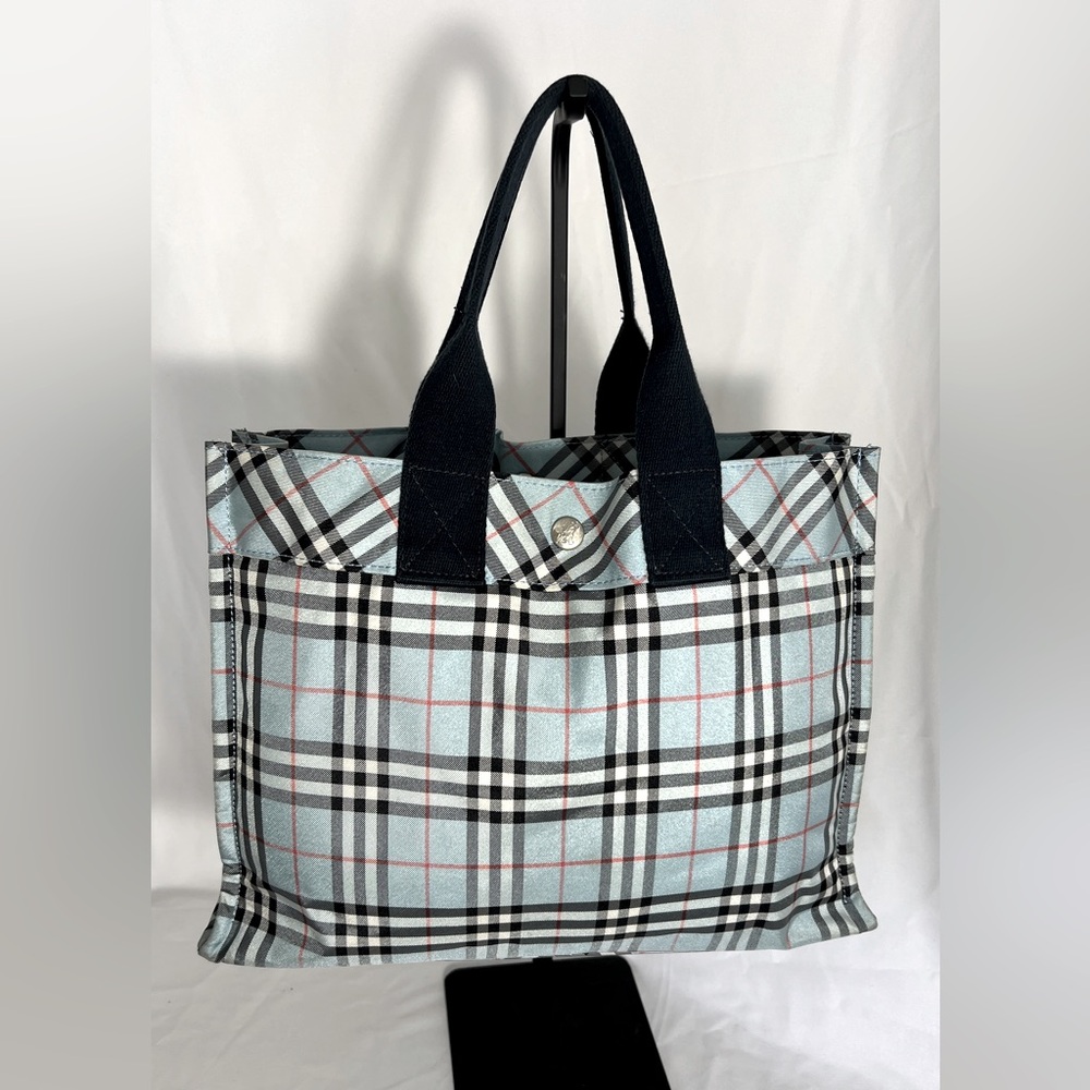 Burberry Blue Label Blue Nova Check Tote Snap Closure Canvas
